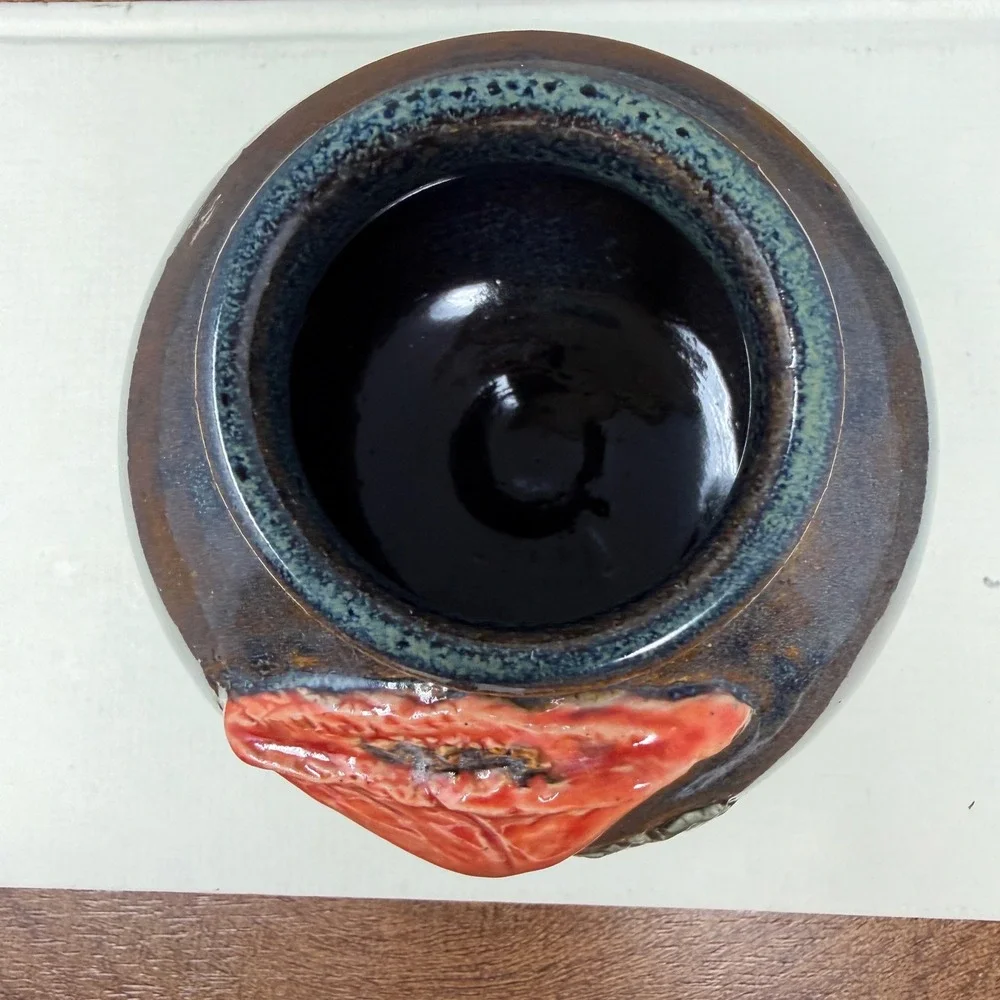 Signed‎ EMS Studio Pottery Poppy Weed Pot Vase Teal Brown Handcrafted 1.25lbs